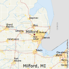 Milford MI map with Detroit etc
